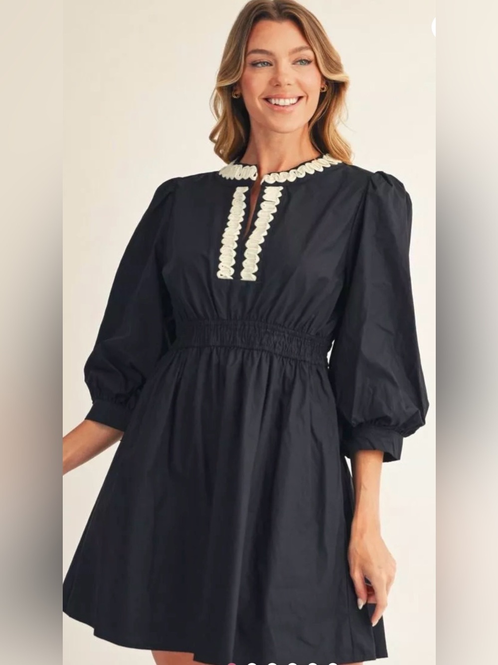JODIFL Women’s Black Midi Dress with Cream Embroidered Trim